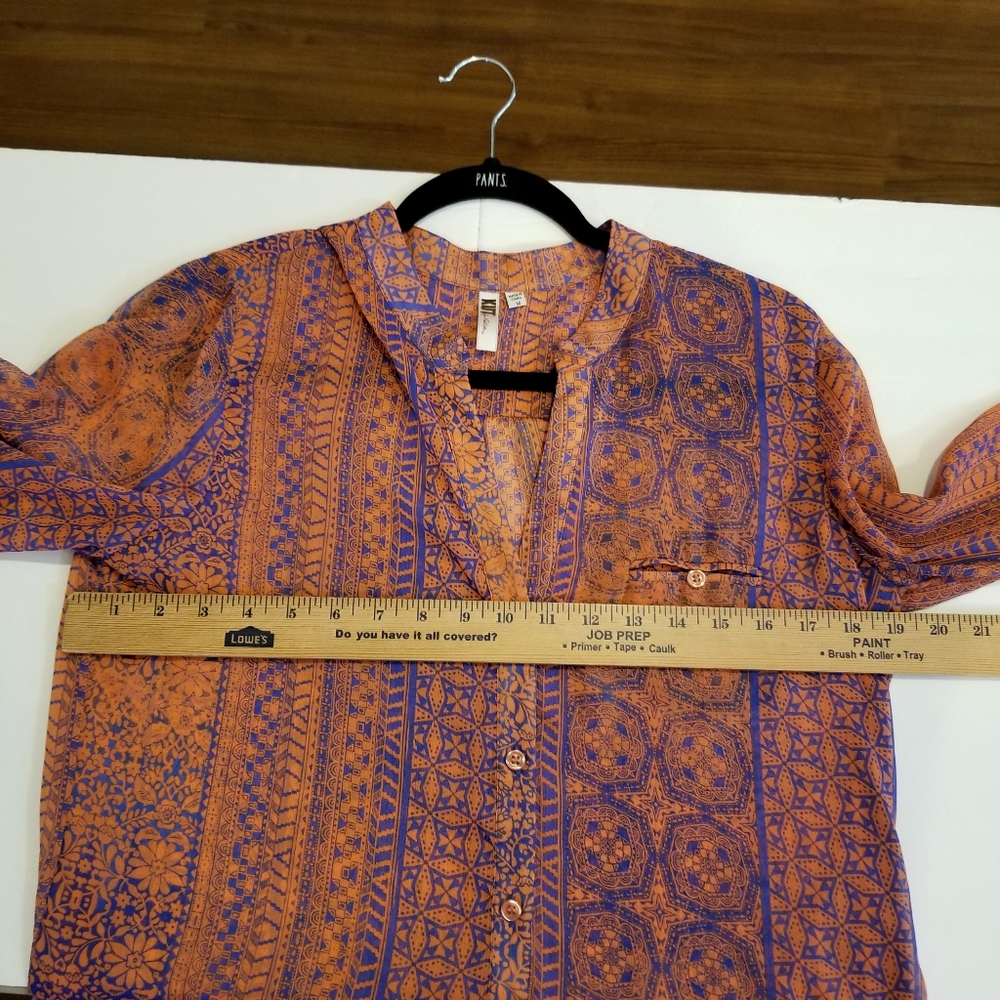 Kut From The Kloth Top Women's Medium Sheer Blue Peach Button Blouse Roll Sleeve - Picture 5 of 8